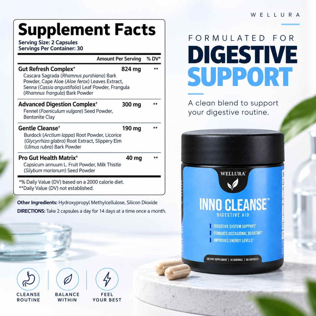 Wellura Inno Cleanse – 14-Day Natural Gut Detox, Gluten-Free Digestive Support Supplement